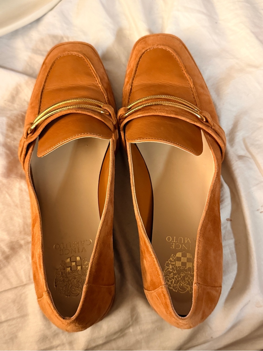 Vince Orange Suede Loafers with Gold Accent